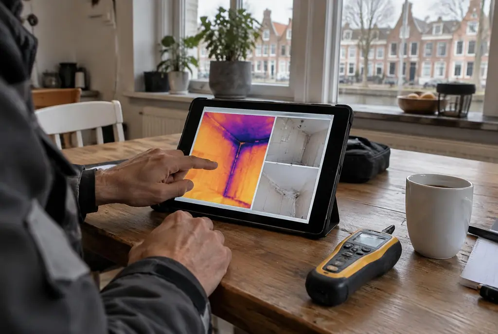 Lekdetectie Enkhuizen – lekdetectierapport met warmtebeelden en foto's op een tablet