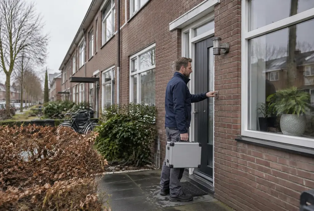 Lekdetectiespecialist met meetkoffer bij de voordeur van een woning in Enkhuizen